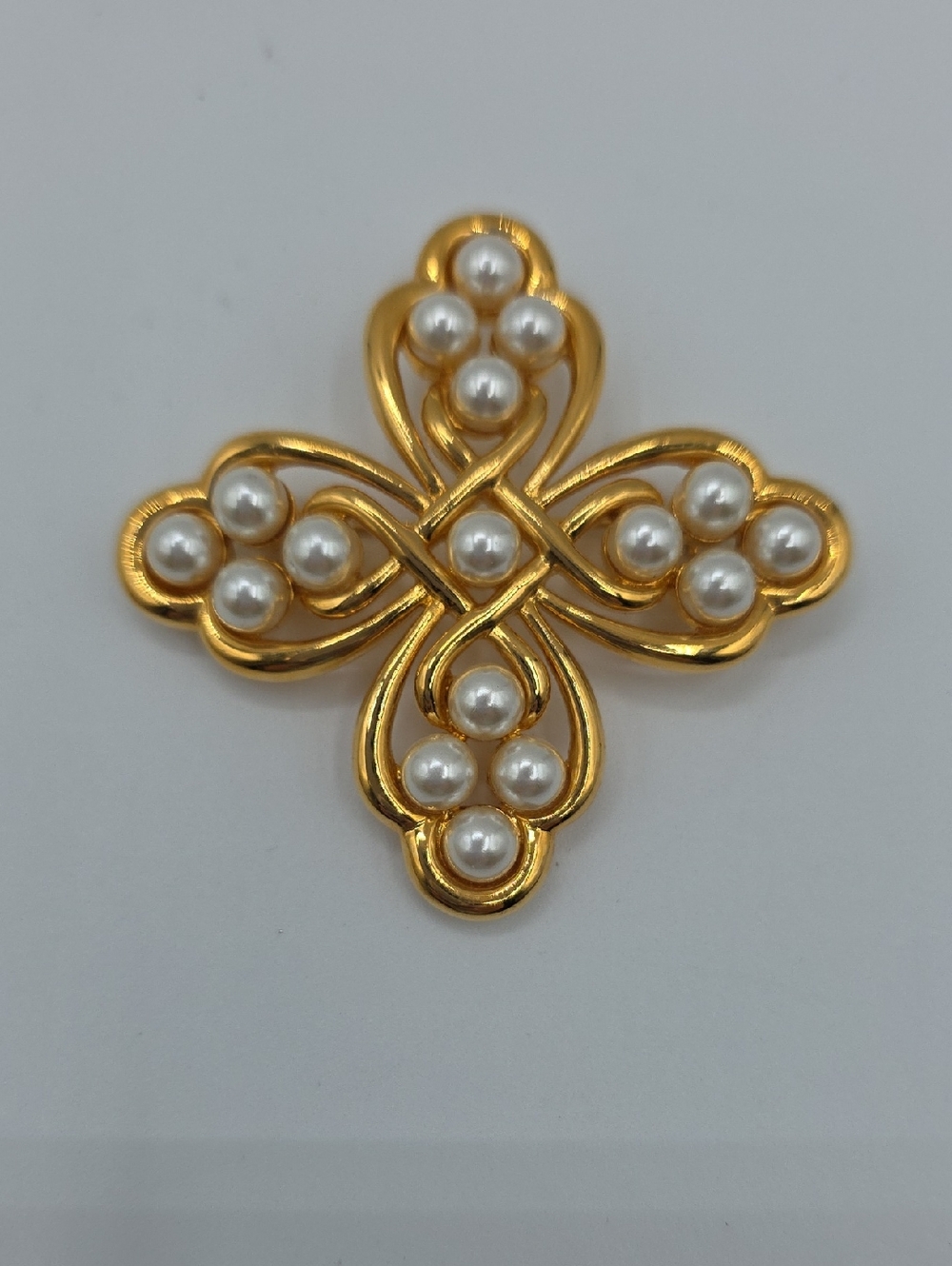 Napier Gold-Tone Cross Brooch with White Faux Pearls
